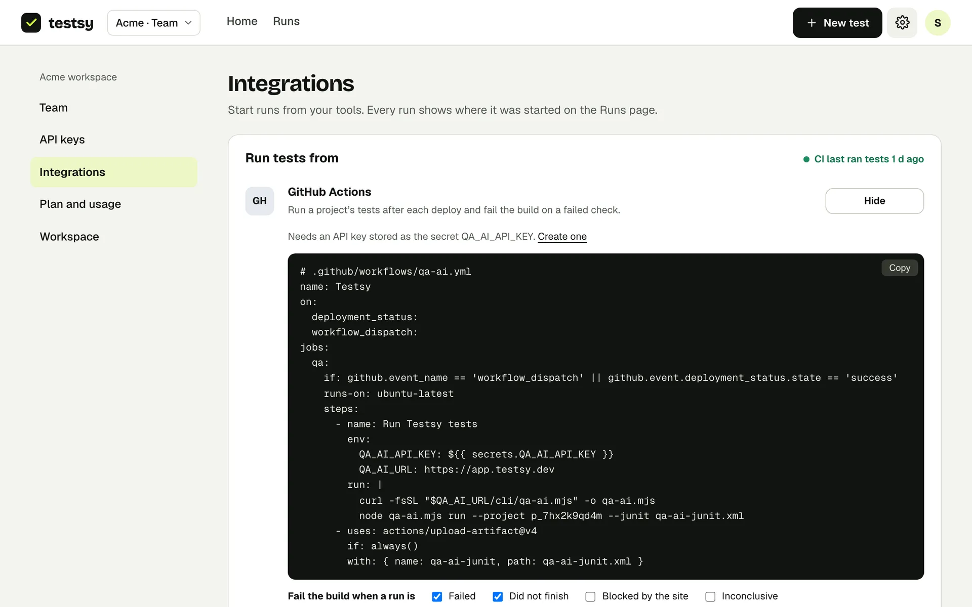 Integrations: the workflow with your project already filled in.