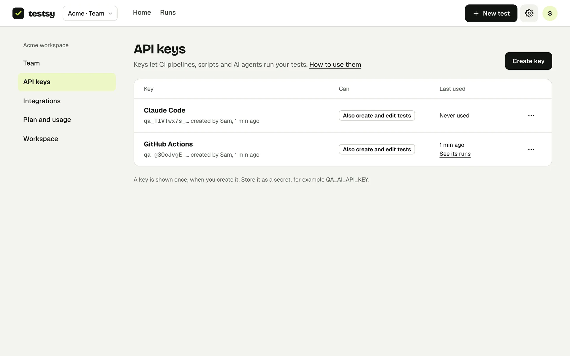 API keys: what each key can do and when it was last used.