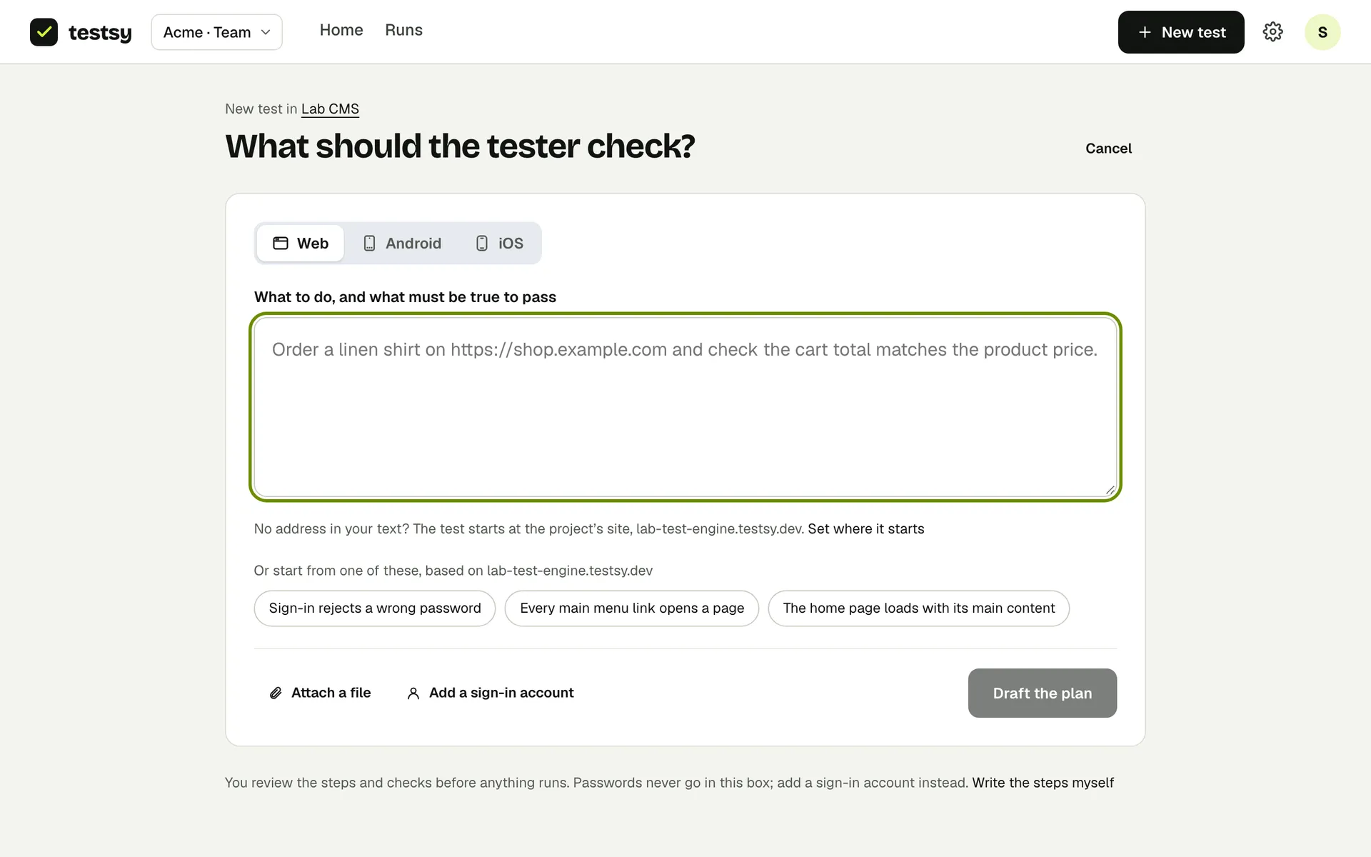 New test: describe it in your own words. The start address can be part of the text.