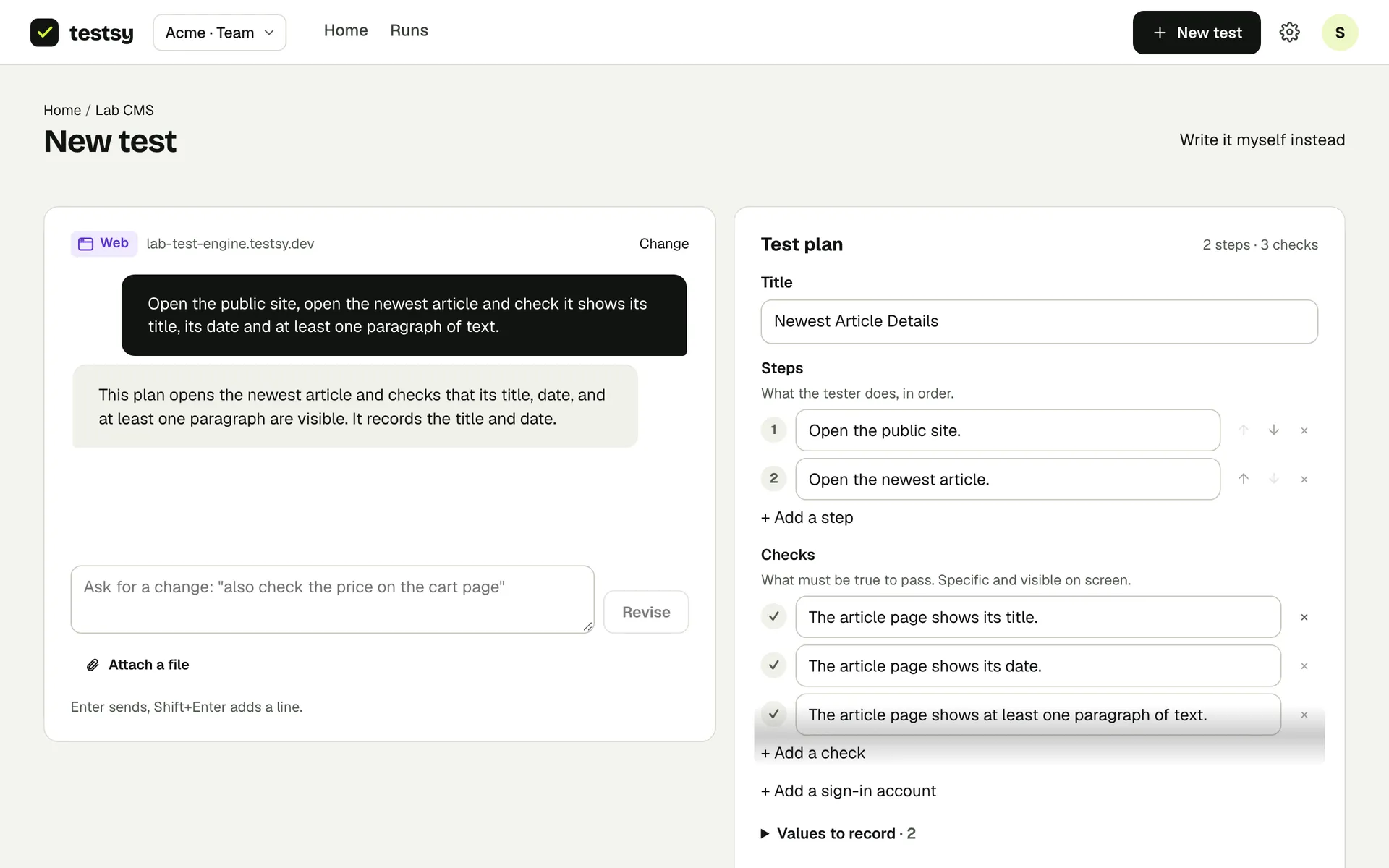 The drafted plan, ready to review. Nothing runs until you save it.