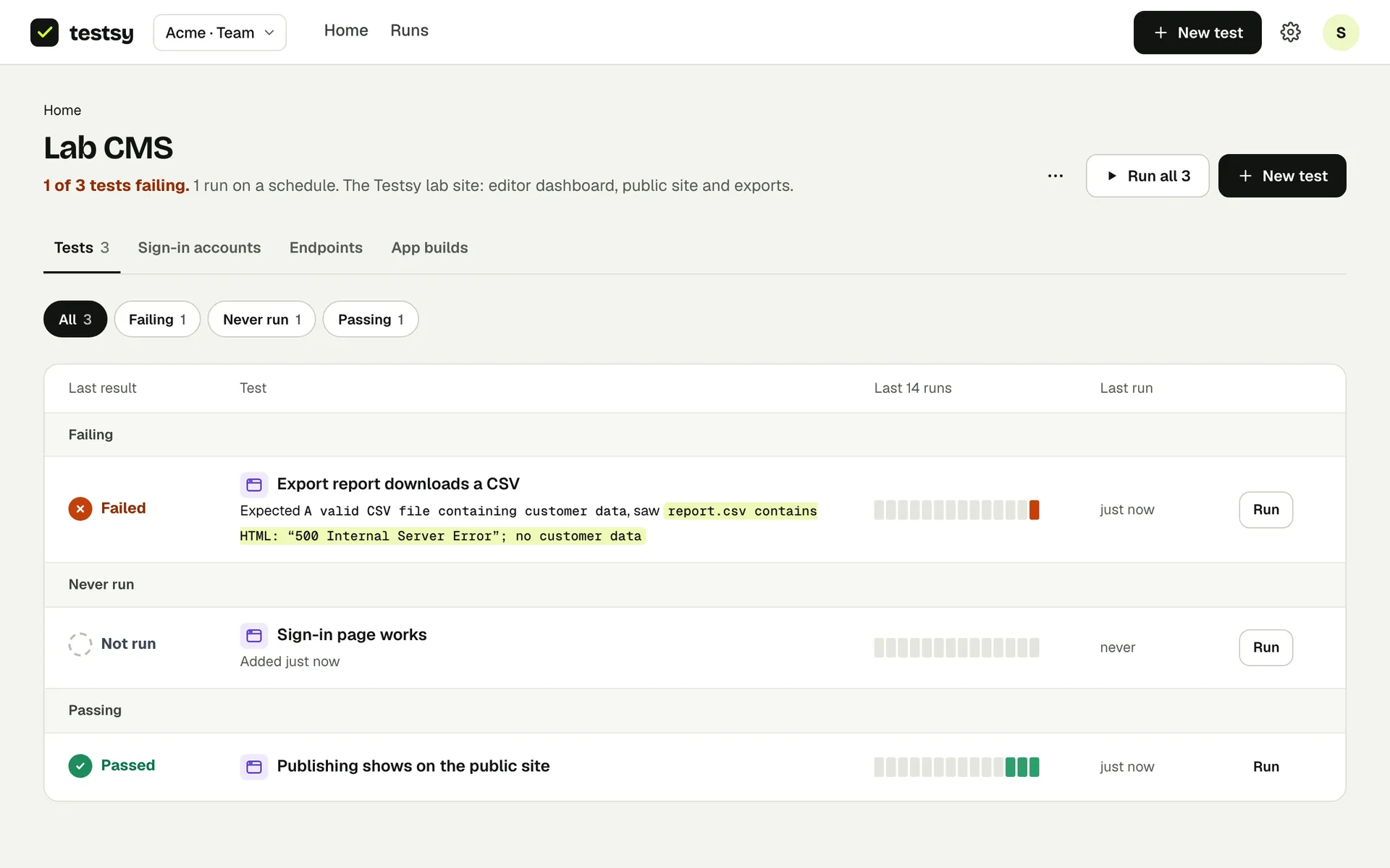 A project: tests grouped by their last result, with Run on each and Run all for the project.