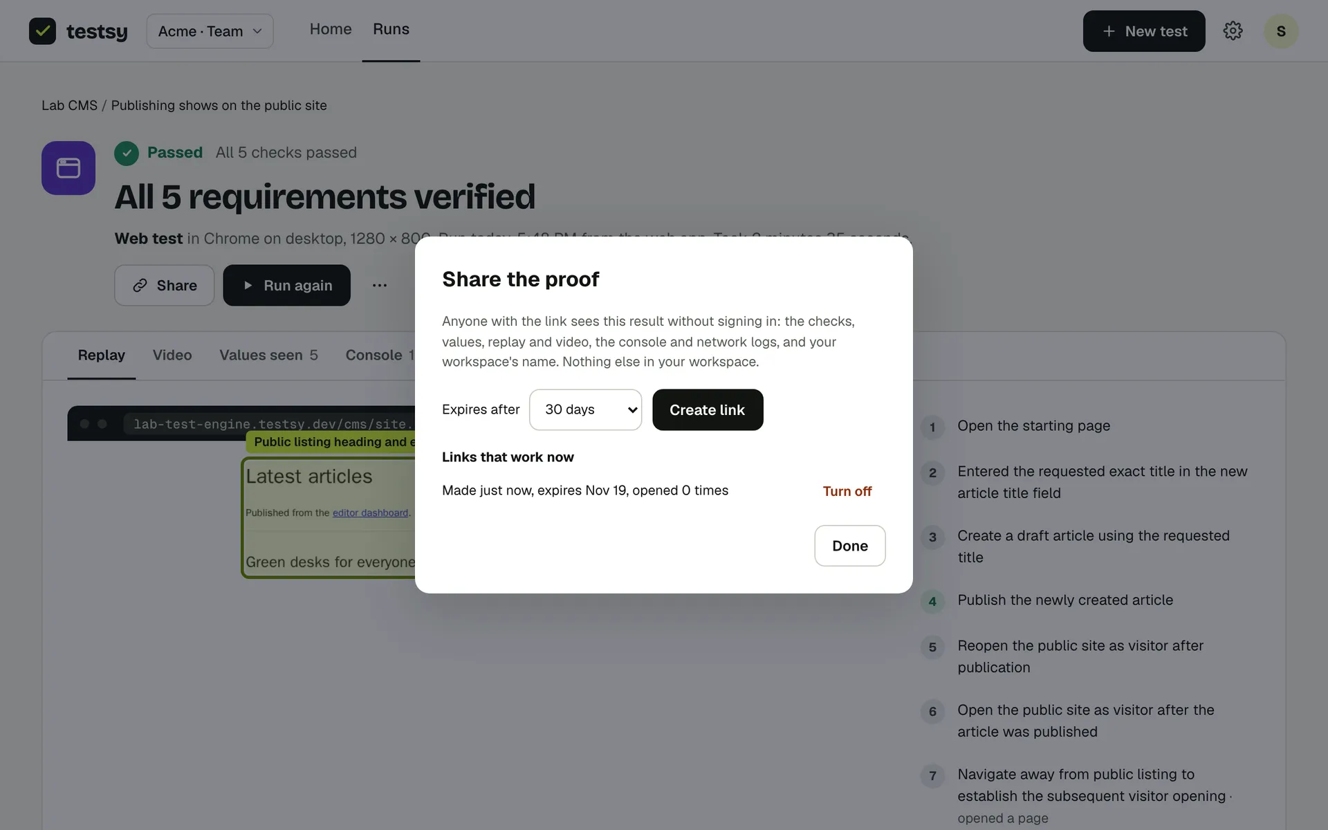 Share on a run: choose how long the link works. Links that work now are listed, each with Turn off.