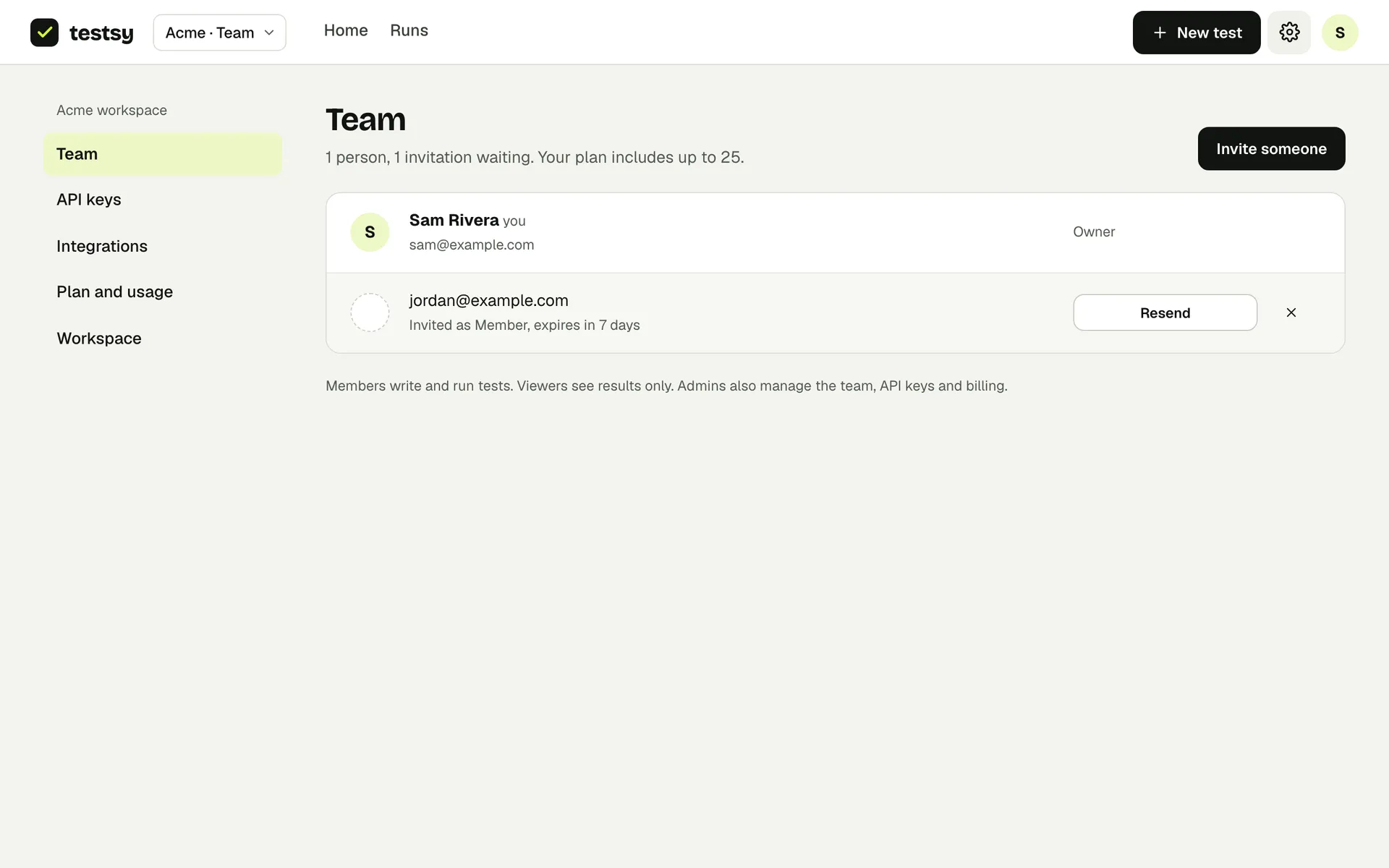 The team page: people, their roles and invitations waiting to be accepted.
