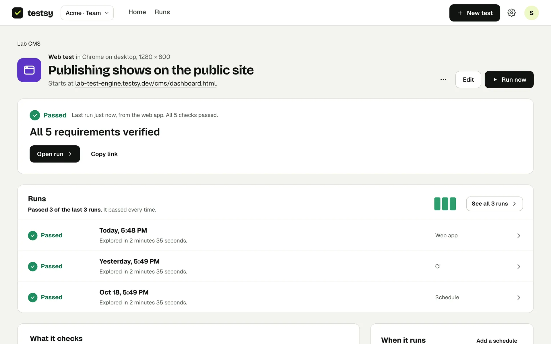 A test page: the last result, its runs, what it checks and when it runs.