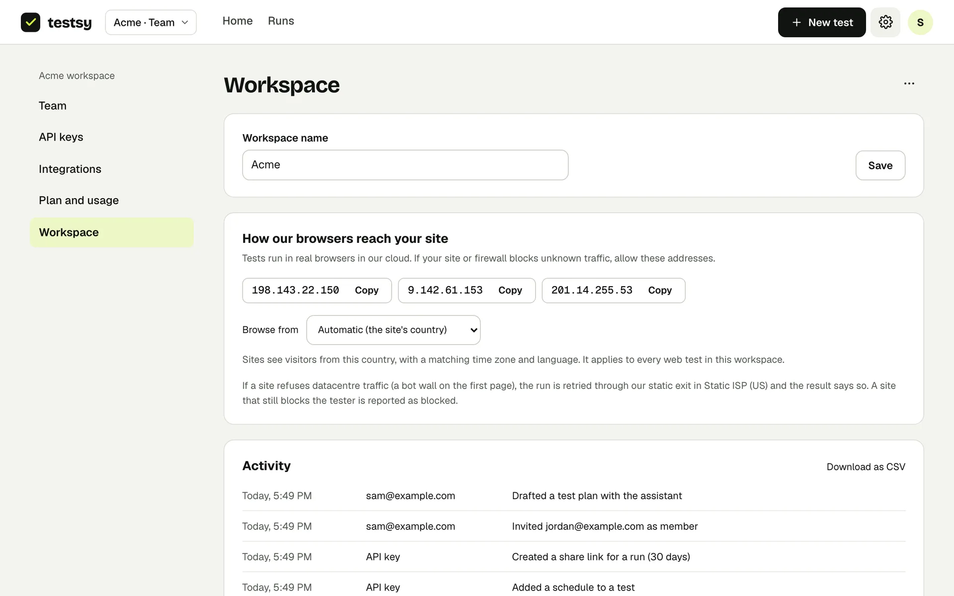 Workspace settings: the addresses to allow and the country tests browse from.